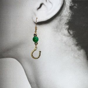Dangling Stainless Steel Gold Tone Horseshoe pendant with Green bead St Patricks